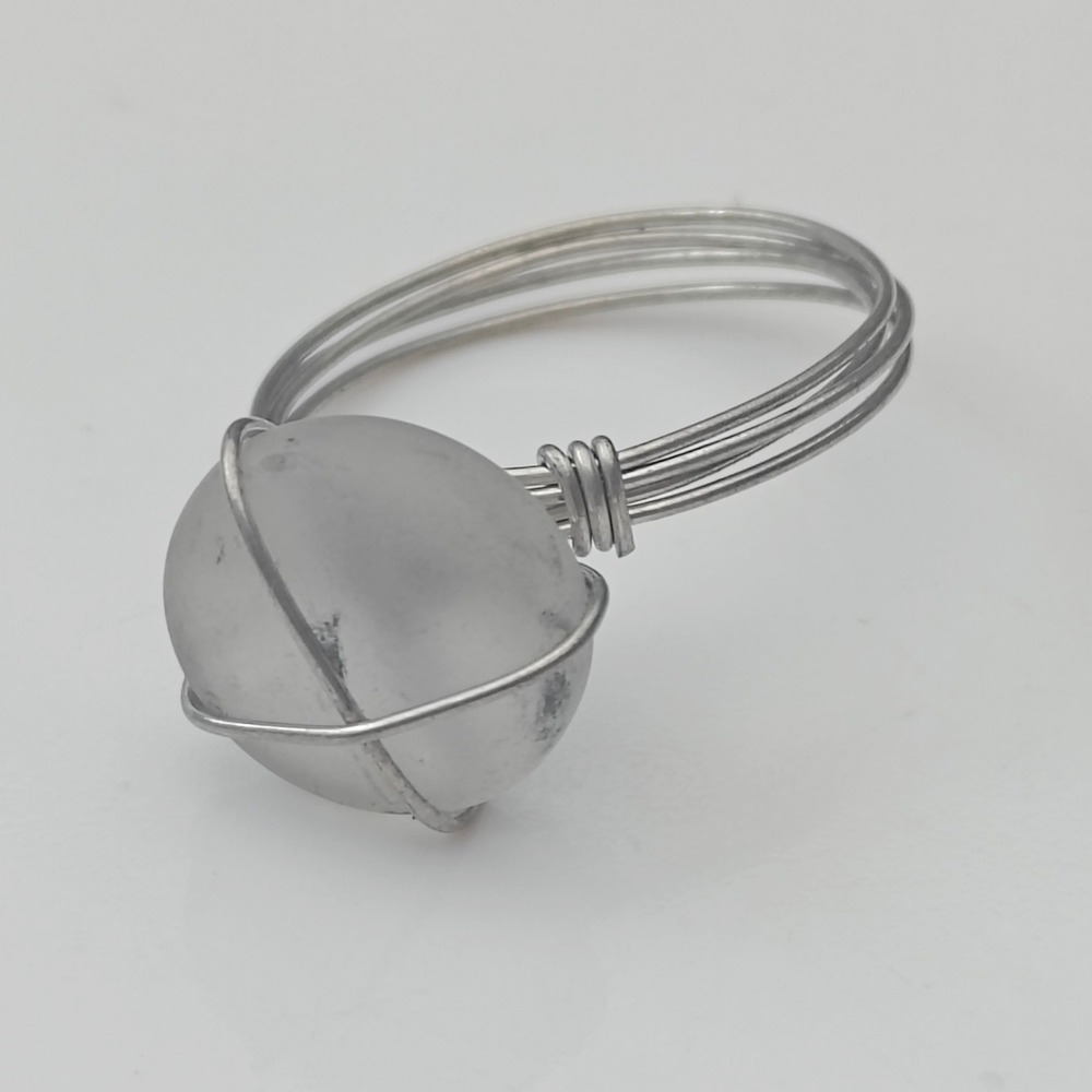 Artisan Wire Wrap Frosted Glass Stone Ring Silver Tone Multi Strand Band Sz 7.5